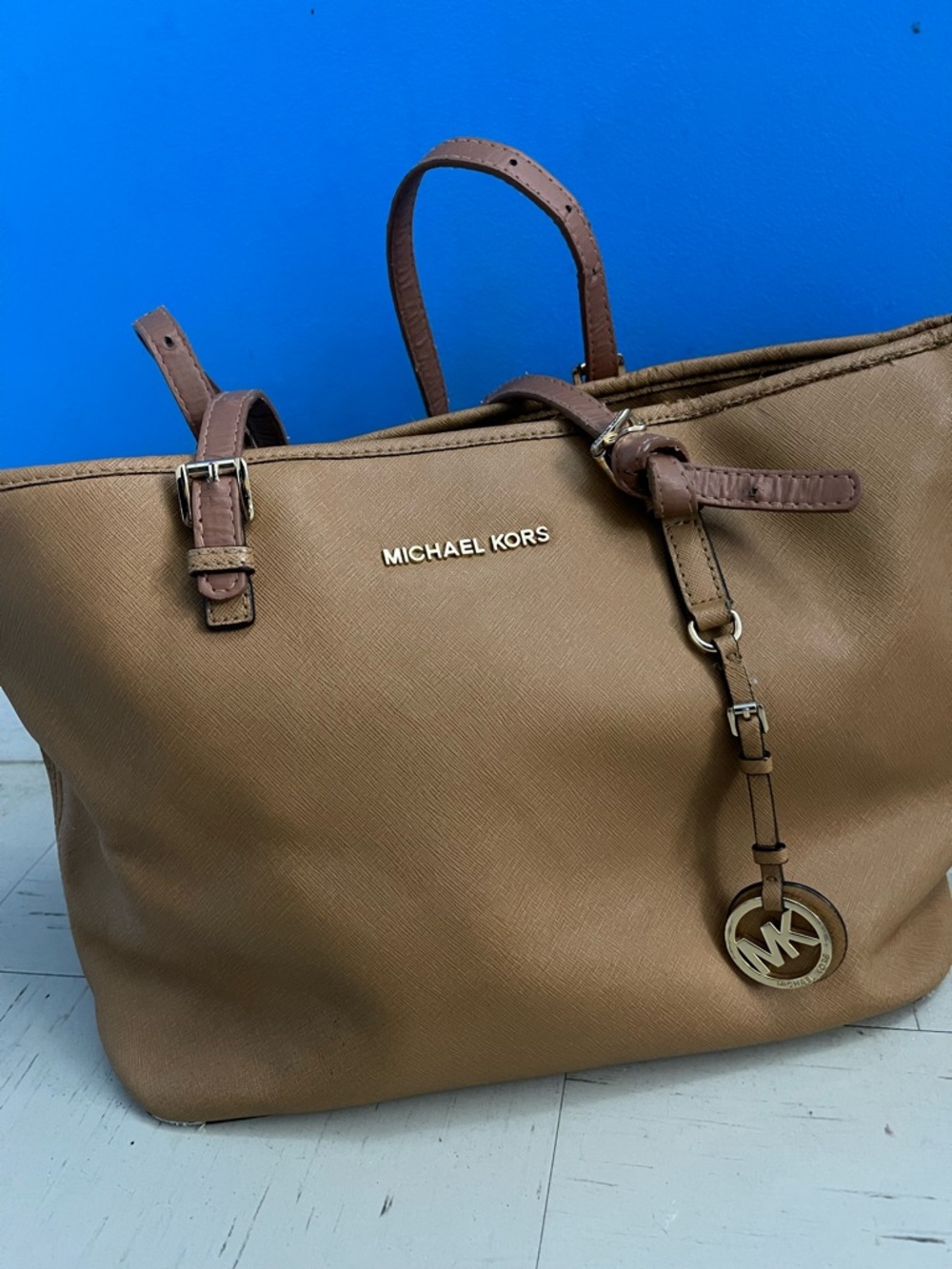Michael Kors Brown/Tan Saffiano Leather Tote with MK Charm